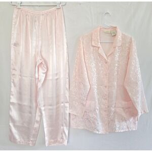 Jaclyn Smith Pink Jacquard Satin Pajama Set L Button Front Long Sleeve Sleepwear